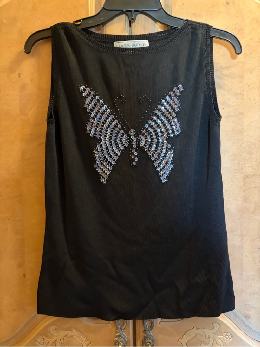 Black Sleeveless Top with Sequin Butterfly